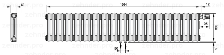 Схема (чертеж) Радиатор Zehnder Charleston 2030/34 №V008 Белый глянцевый RAL 9016